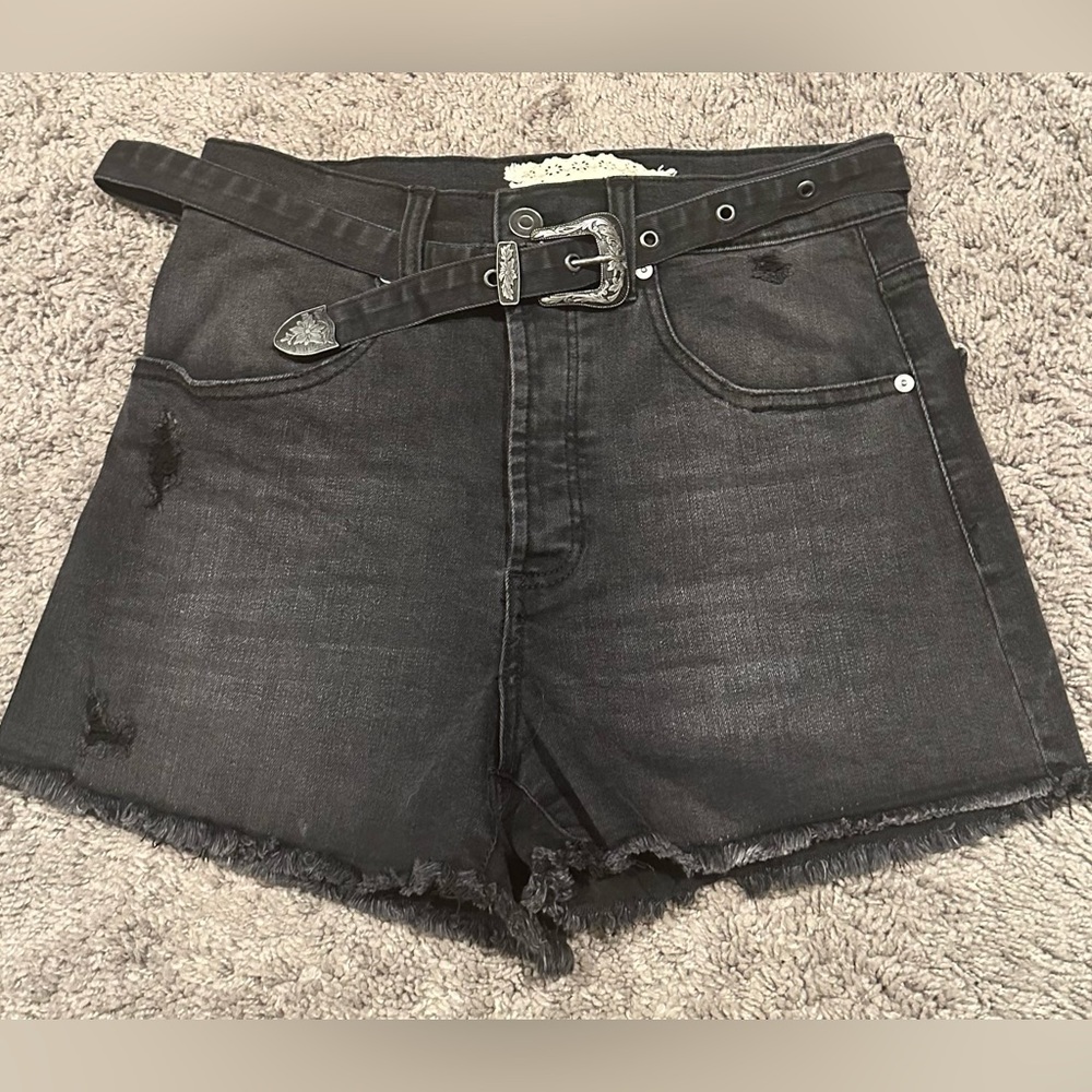 Altar’d State High Rise Black Belted Denim Shorts